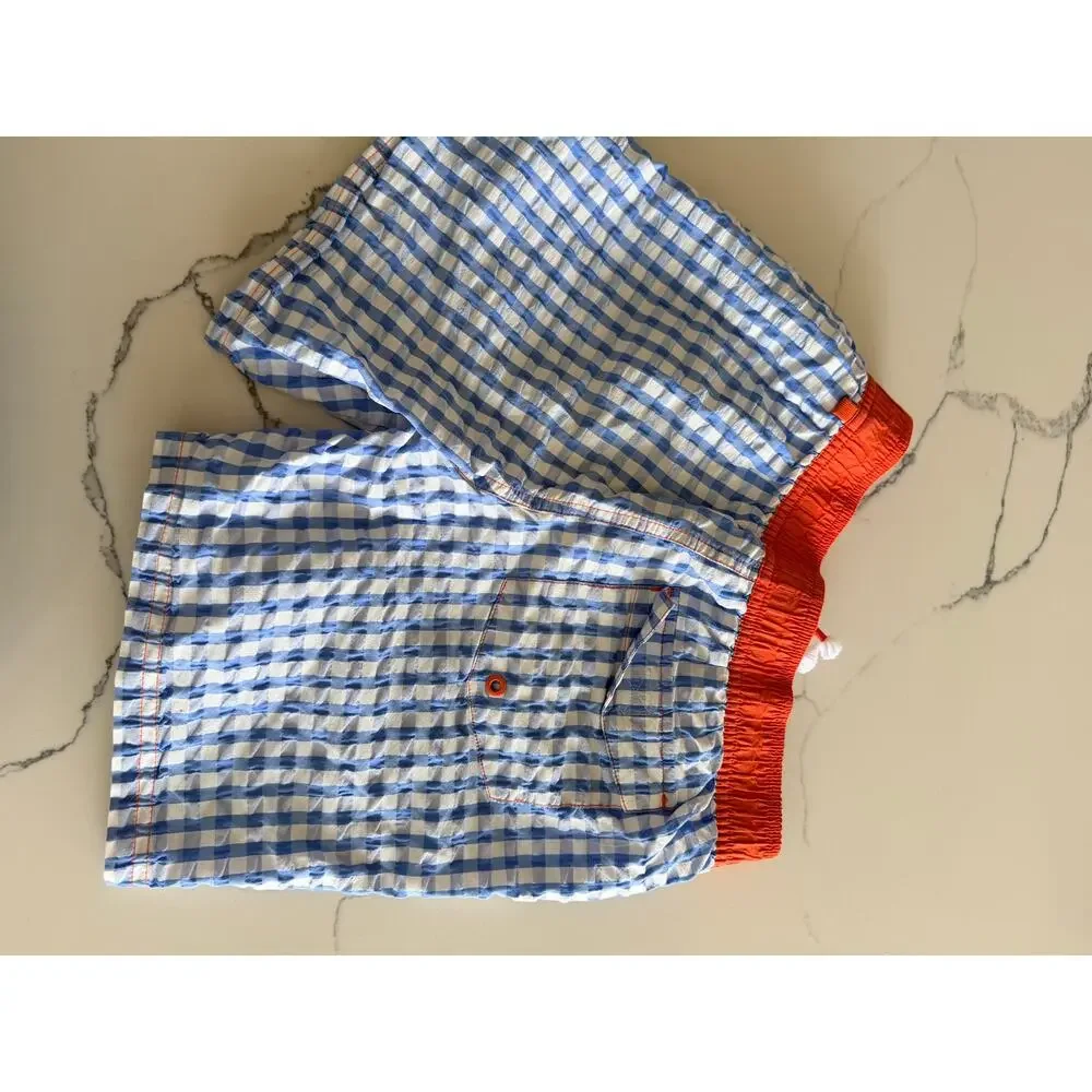 Mini Boden Blue Gingham Swim Trunks Board Shorts Boys 9-10